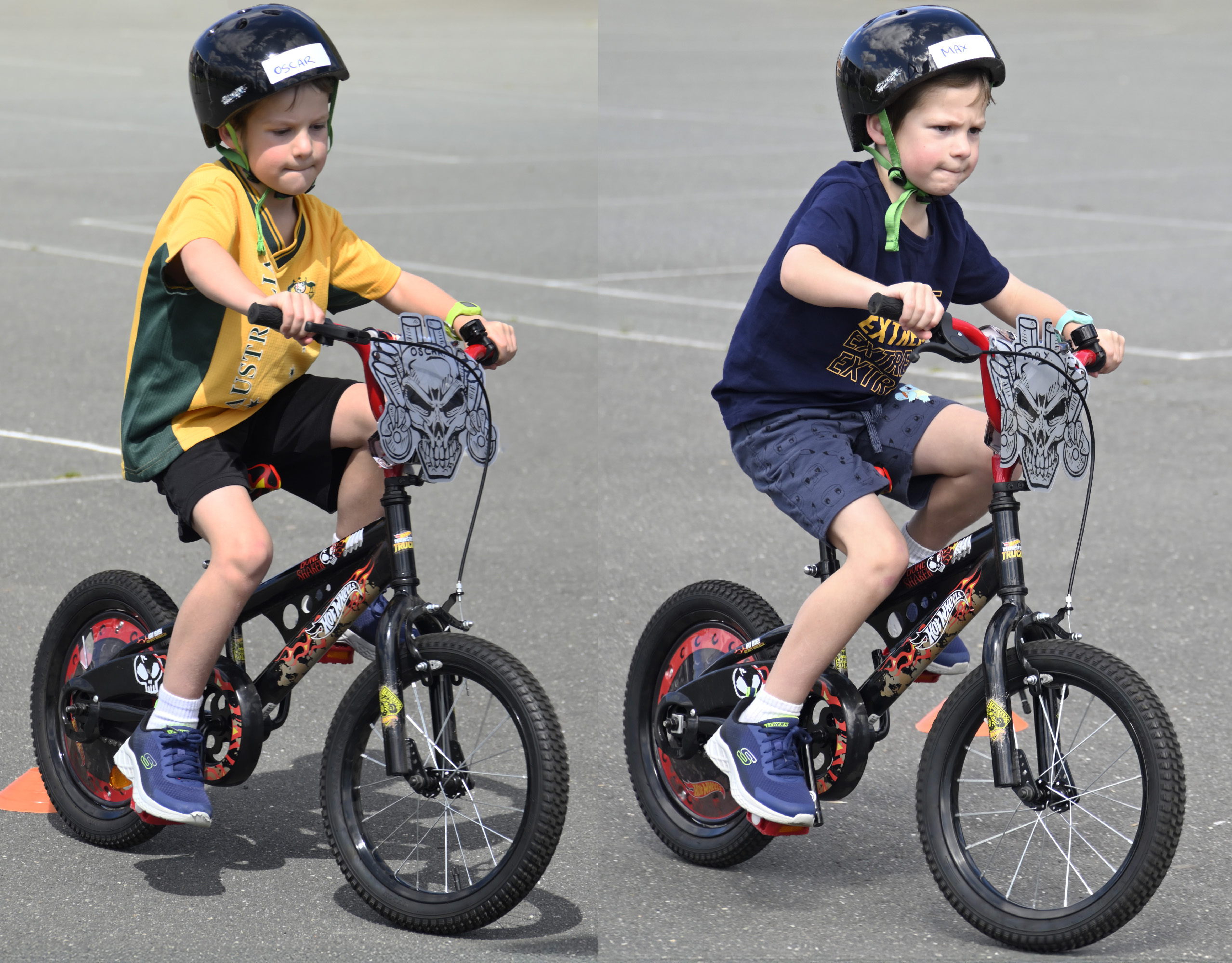 Young twins learning to ride